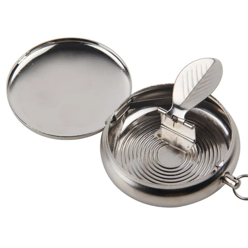 Promotion! Stainless Steel Portable Circular Ashtray(With keychain)-Silver Random pattern