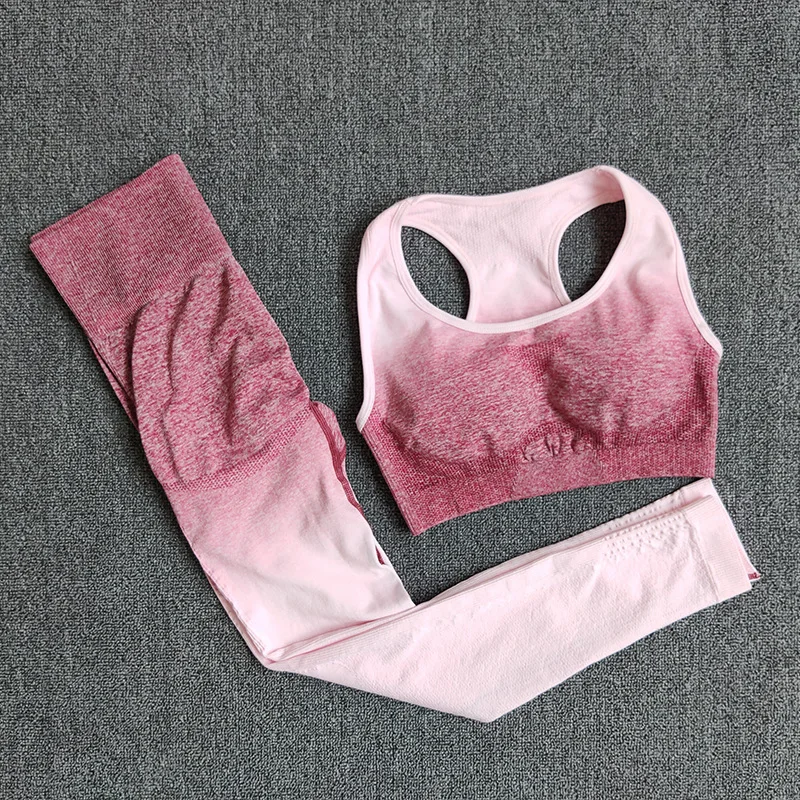 

NORMOV Seamless Fitness Sets Women Sleeveless O-Neck Push Up Bra Workout Set Female High Waist Elastic Gradient Two-Piece Set