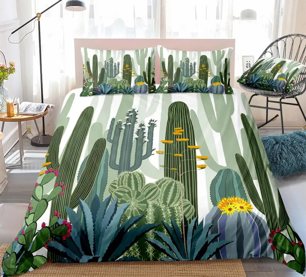 Комплект постельного белья с изображением кактуса, Тропическое растение, пододеяльник, зеленый пододеяльник, набор, королева, Прямая поставка, домашний текстиль для мальчиков, цветок, 3 предмета, кактус