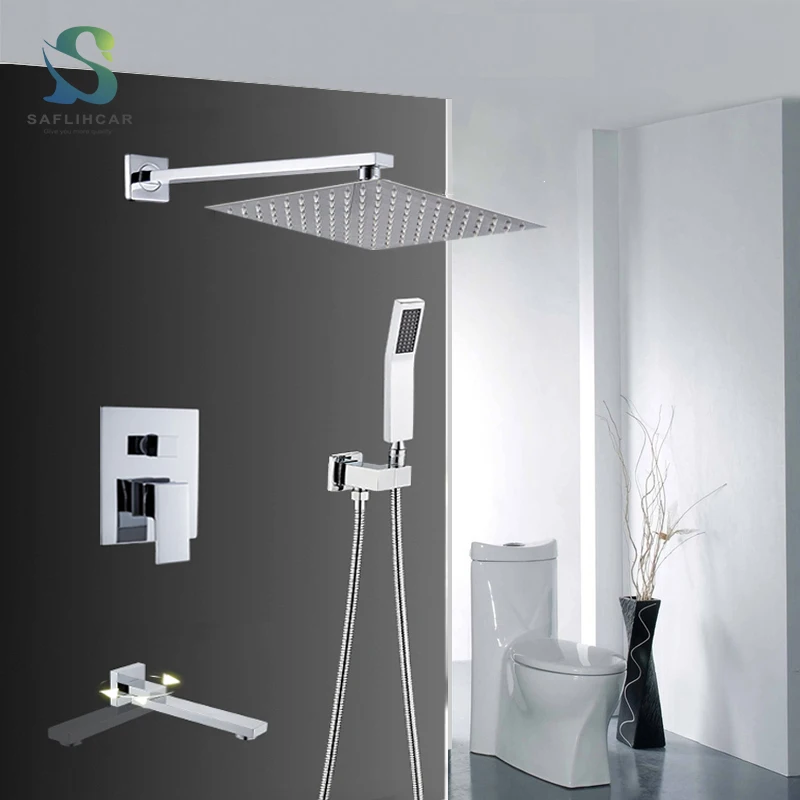 Chrome Wall Mount Rainfall Bathroom Shower Faucet Set Concealed System 16'' Head with Swivel Tub Spout 3 ways Mixer Taps bathroom faucet bathroom shower faucet set