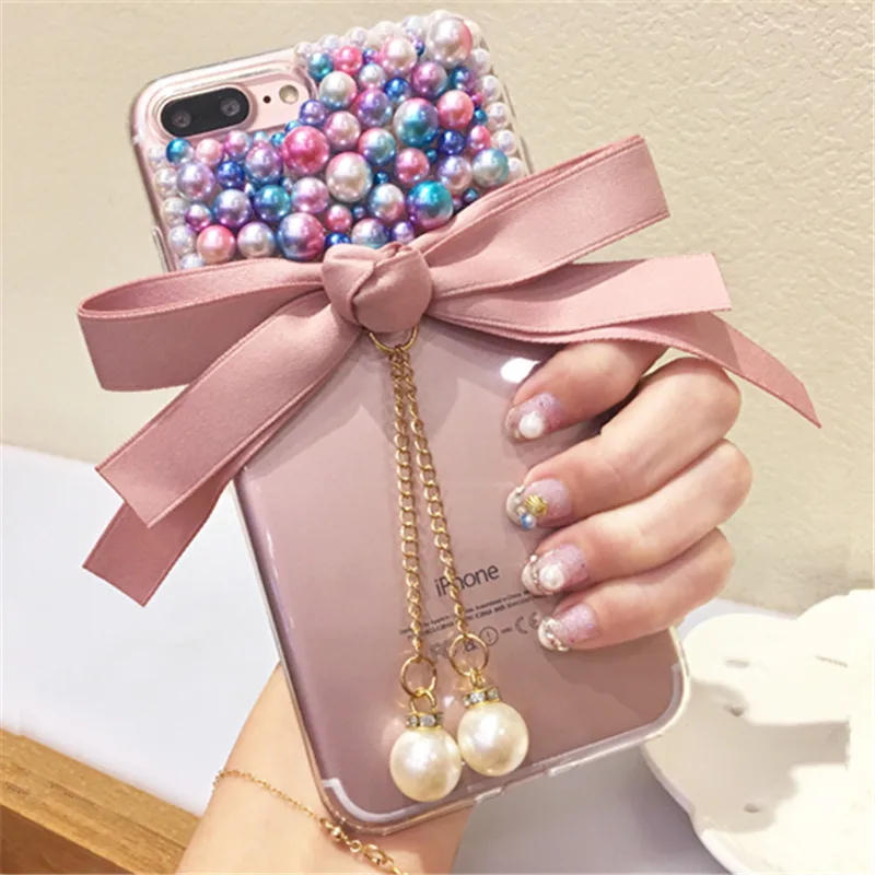 

For Samsung A3 A5 A7 2017 A9 A8 A6 PLUS A50 A70 A80 Luxury glitter Rhinestone bow pearl Phone case soft back cover