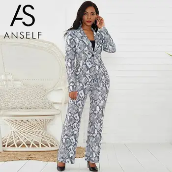 

Women Two Piece Set Blazer Pants Set Snake Skin Print Long Sleeves Single Breasted Jacket Trousers Office Business Suit Outwear