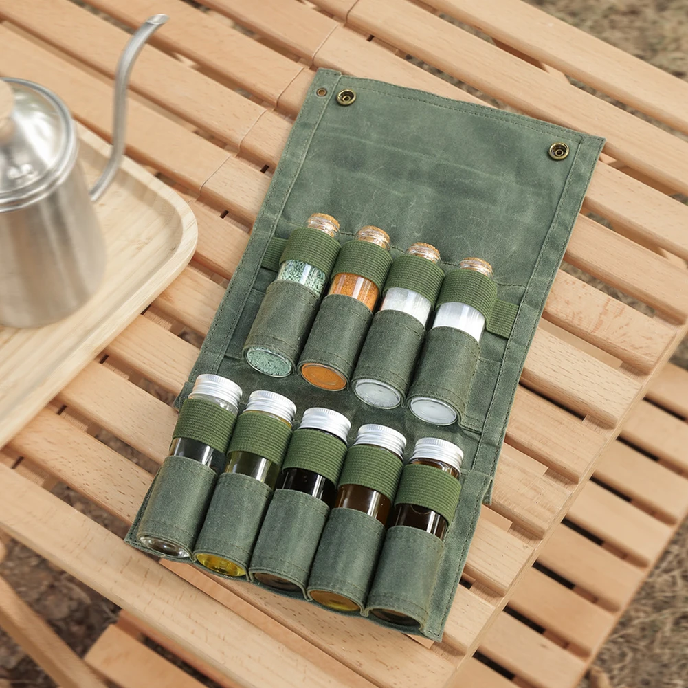 Sac à Épices Portable 9 Pots - Sac Barbecue Camping Pliable Avec Bouteilles Verre (Vert)