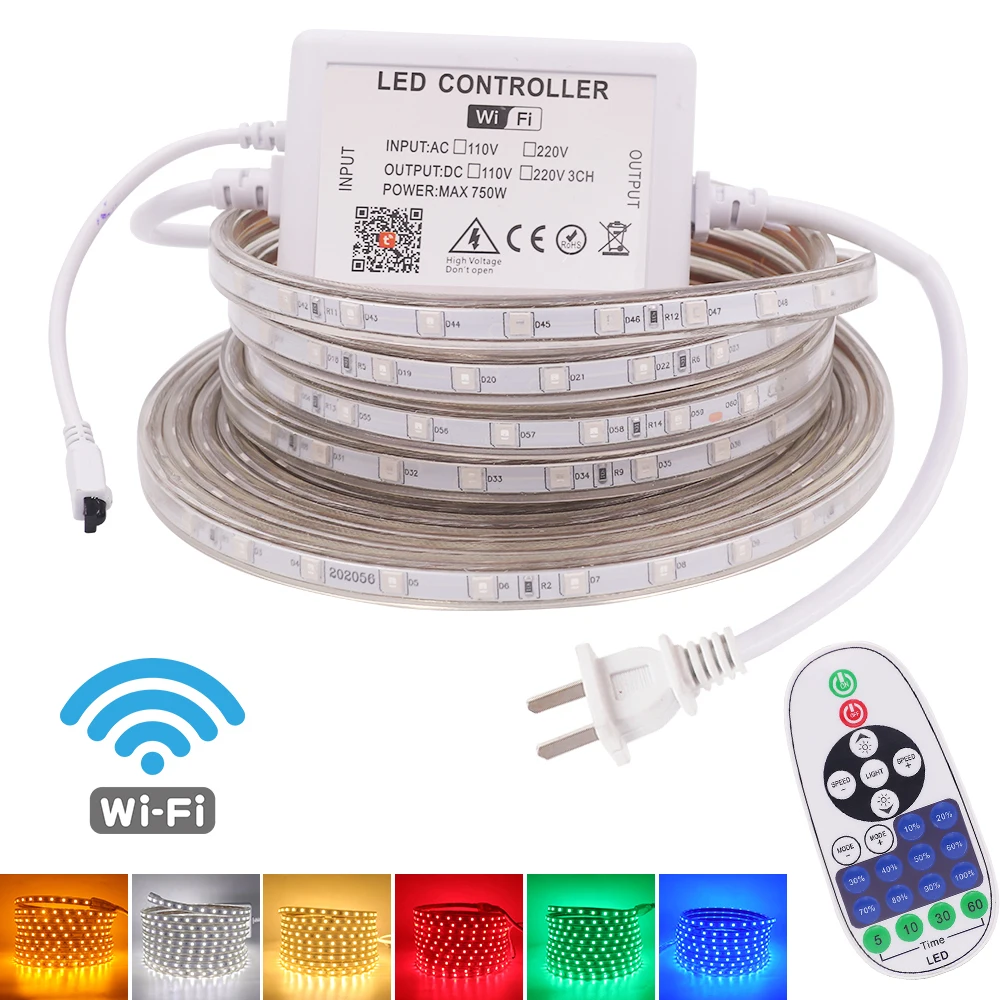 

110V 220V LED Strip 5050 60LEDs/m Wifi Dimmerable Waterproof Outdoor Flexible Tape Ribbon LED Light Strip Red Green Blue Yellow