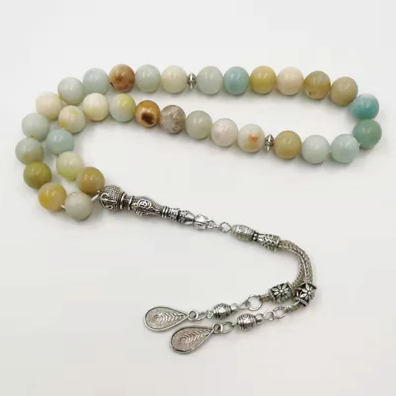 Натуральный амазонит камень Tasbih серебряная металлическая кисточка 33 66 99 молитвенные бусы высокое качество камень четки