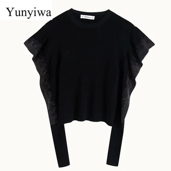 

New Women Vintage O Neck Puff Sleeve Sequined Decoration Knitted Shirt Female Chic Appliques Blouse Femininas Blusas Tops