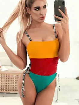 

Colorblocked V-Neck Strappy One-Piece Swimsuit Sexy Backless Padded Women Monokini 2020 Girl Beach Bathing Suit Swimwear