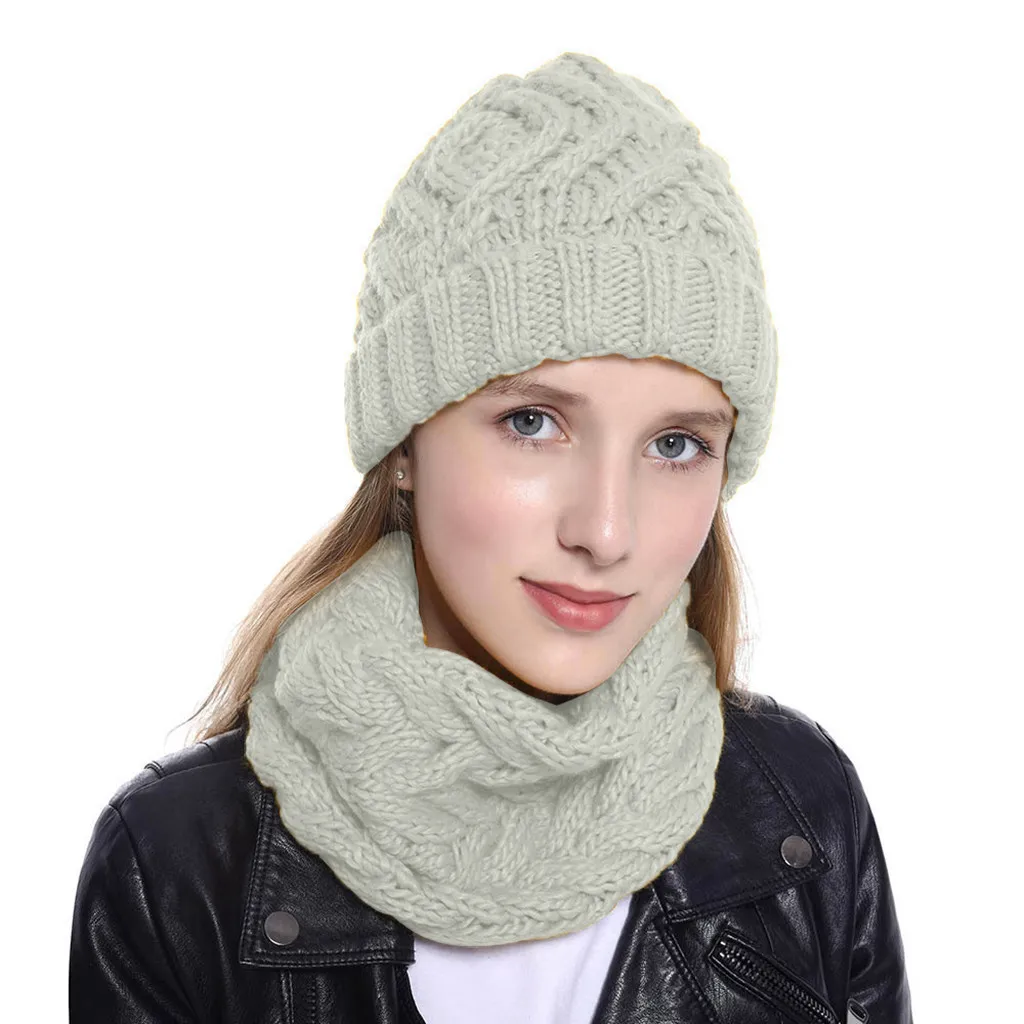 

New Design Winter Warm Women Two Pieces Pure Color Knitted Cap Keep Neckerchief Hat scarves for women