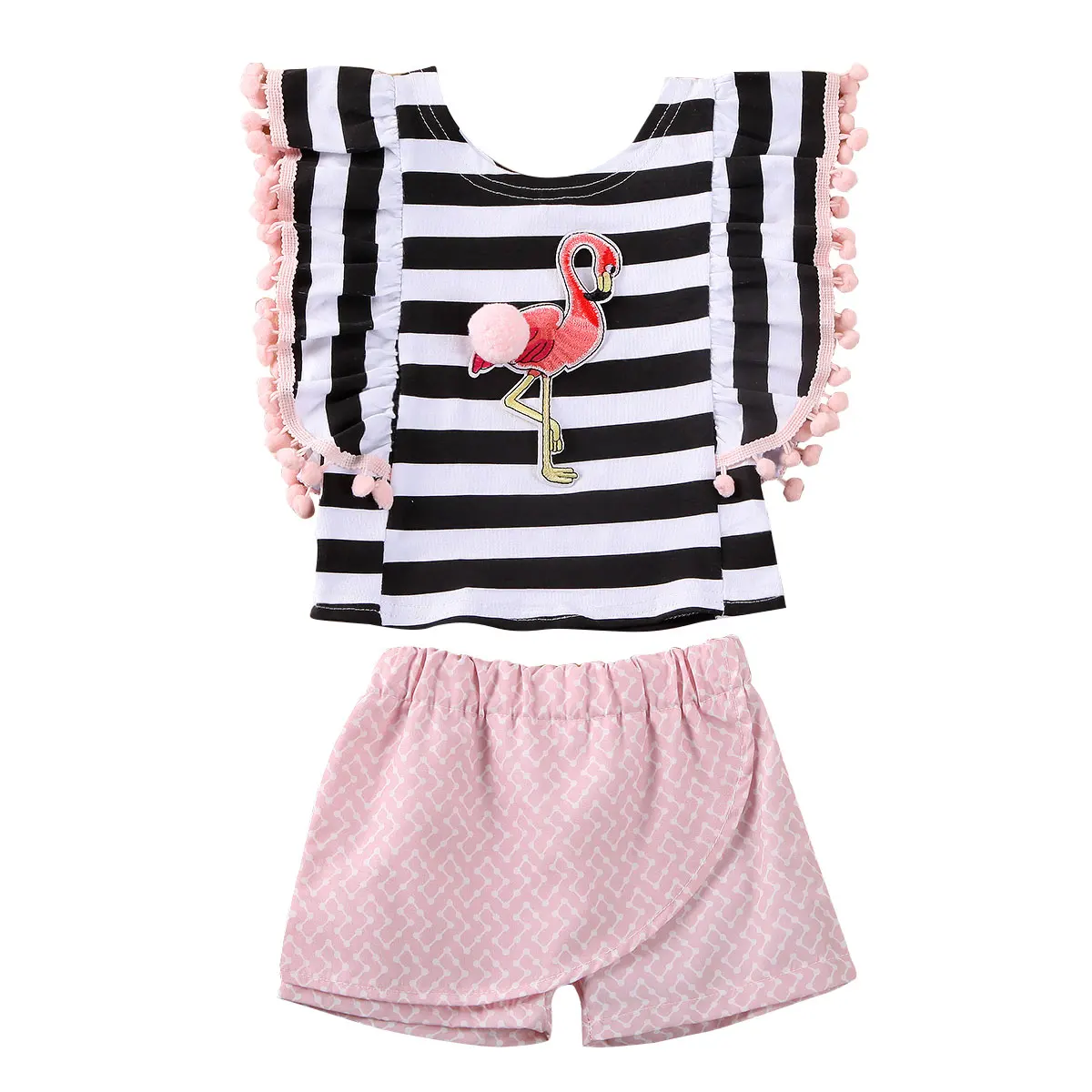 

2020 Summer Lovely Infant Baby Girls Clothes Sets Tassel Short Sleeve Striped Print T Shirts Tops+Solid Shorts