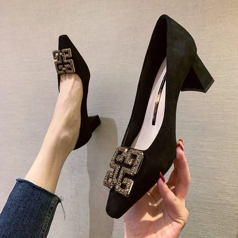 

Spring and autumn new brand designer wild net red high heels French girl small fine with rhinestone pointed black cat with singl