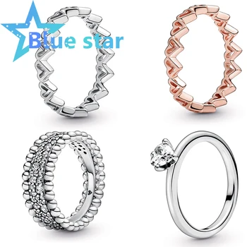 

Blue Star 100% Sterling Silver pandoras 2020 New Valentine's Day Freehand Hearts Beaded Pave Band Clear Heart Solitaire Ring