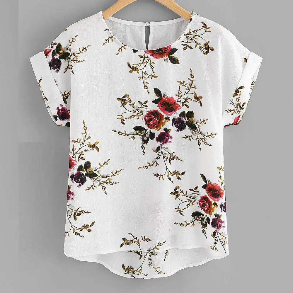 Summer Fashion Floral Print Blouse Pullover Ladies O-Neck Tee Tops