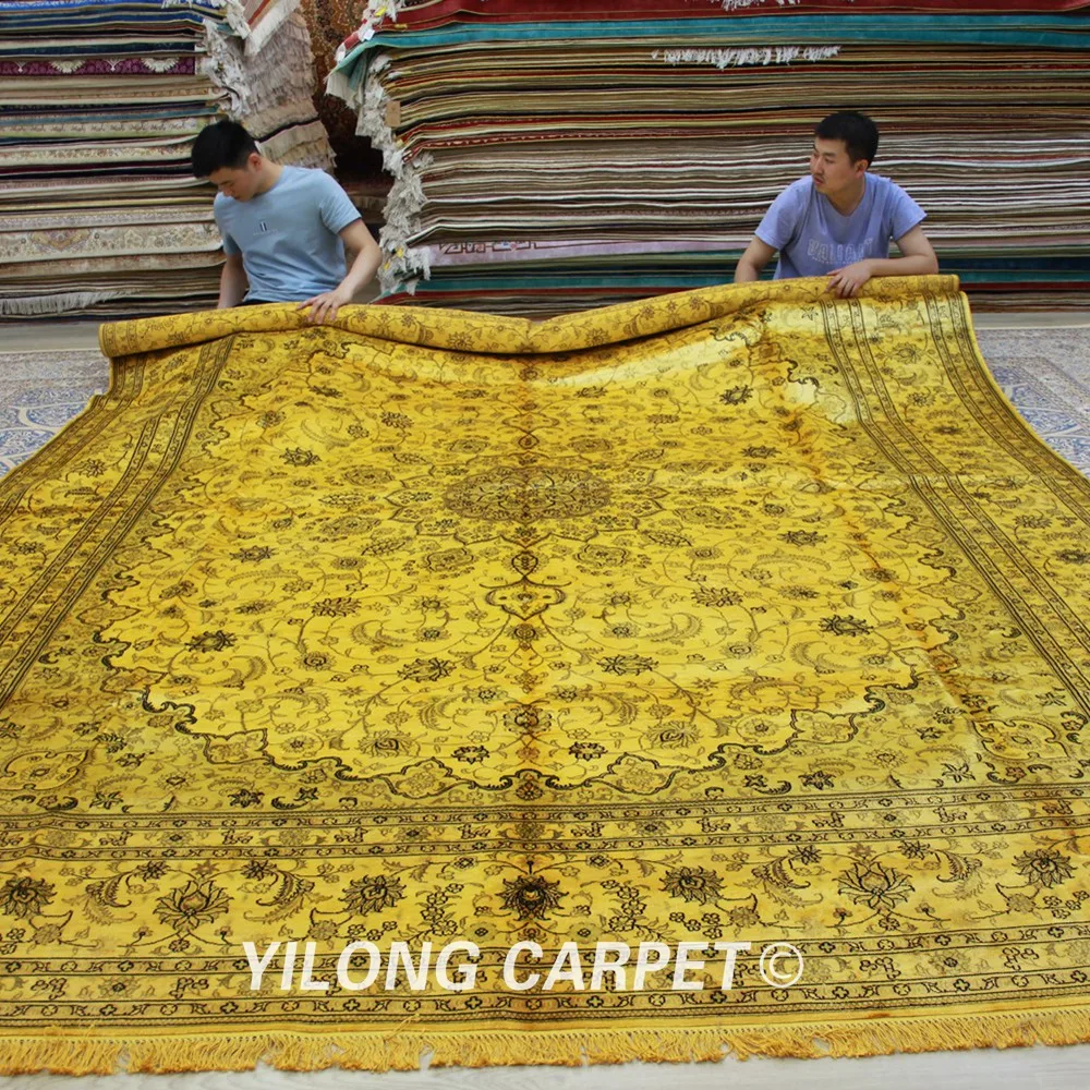 Yilong 9'x12' античный классический ковер Большой бежевый медальон античный кашмирский шелковый ковер(0919