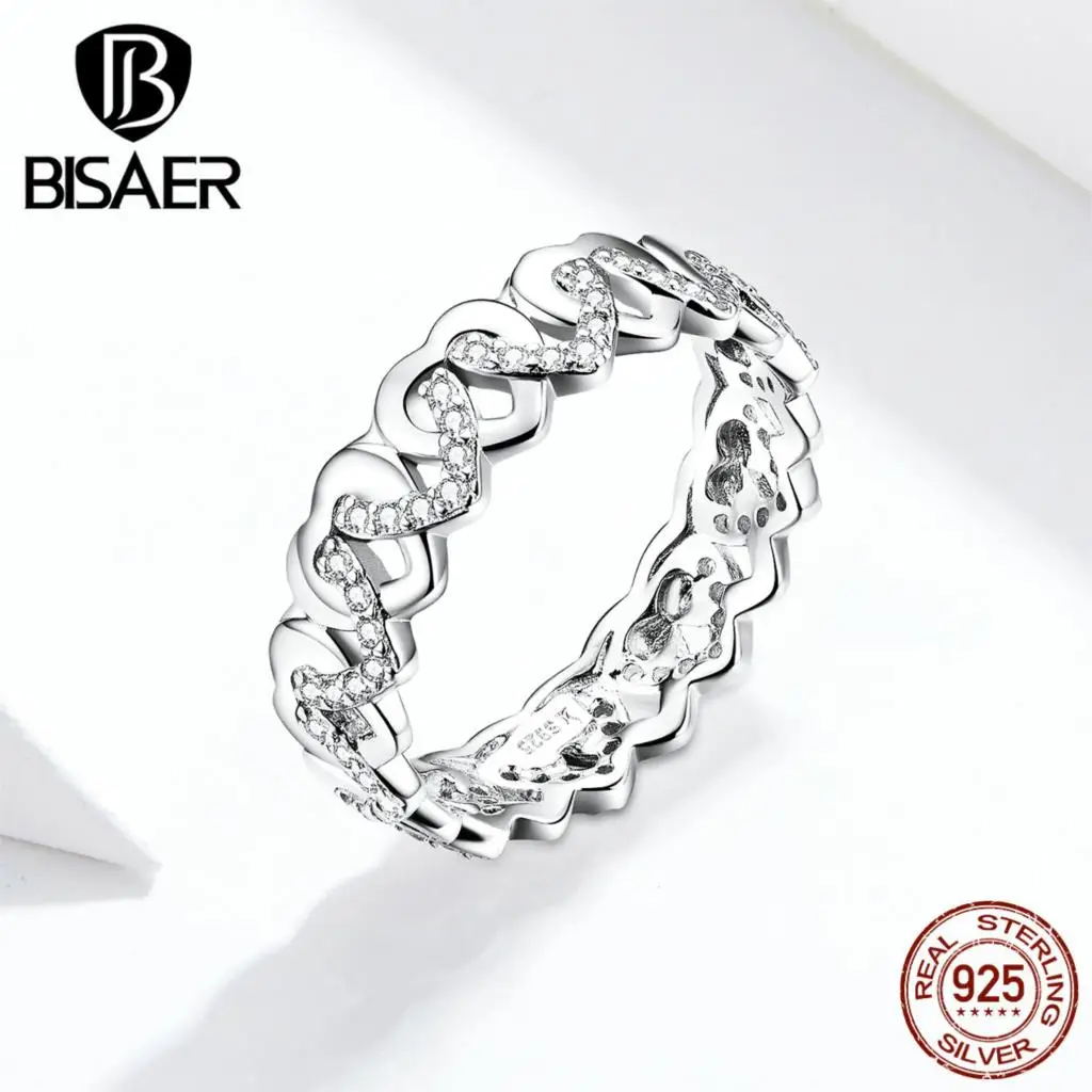 Штабелируемые кольца, BISAER, 925 пробы, серебро, любовь, сердце, форма сердца, женские кольца на палец, свадебные, Обручальные, ювелирные изделия ECR626