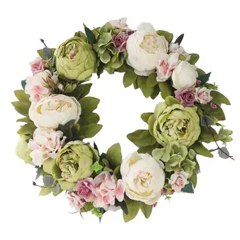 

40cm Peony Wreath Wedding Wreath Door Wall Hanging Ornament Rattan Round Garland Decoration Artificial Flower Fake Flower