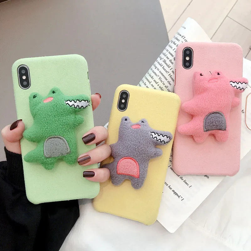 

cute 3D Cartoon crocodile Plush Fabrics for iphone 7 8Plus Xs Max XR Case Soft Candy colors For iphone 11 pro Max Cover Funda