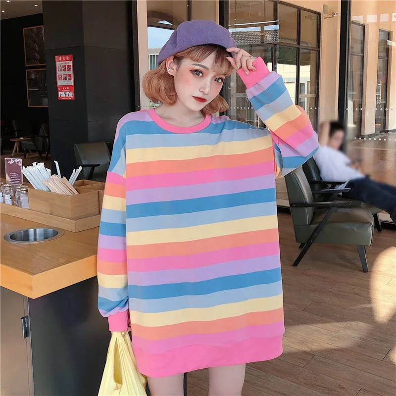 Милые осенние толстовки из хлопка Harajuku радужные полосатые толстовки женские милые Макарон толстовки свободные с круглым вырезом женские толстовки