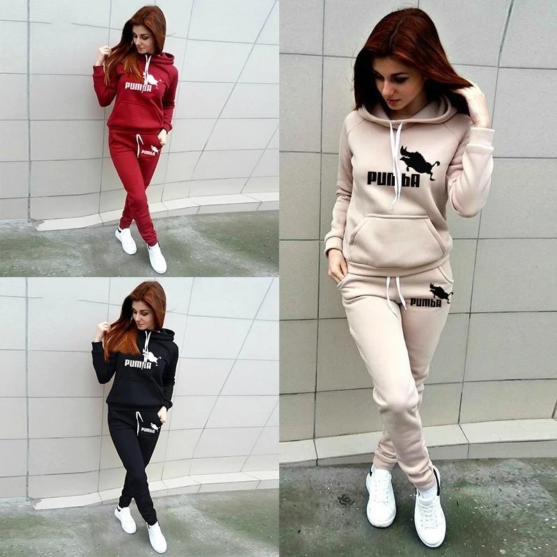 Spring Winter 2 Piece Set Jogging Women Hoodies Pants Printed Sportswear Suits Thicken Warm Ladies Girls Hoodie Sets Tracksuits