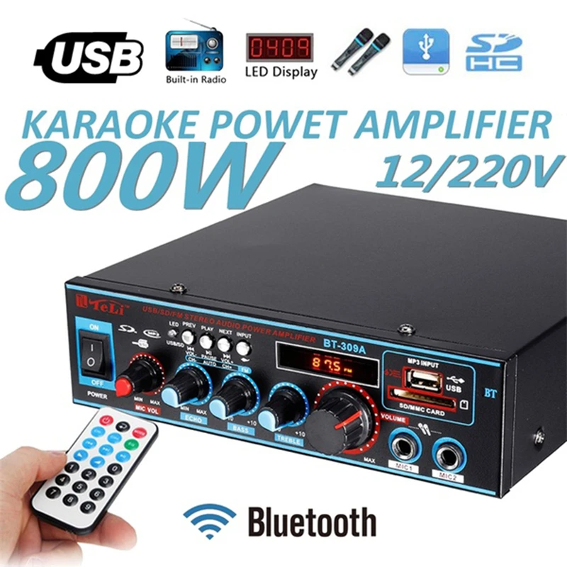 stereo amplifier 800W EU BT-309A Audio Amplifier Amplificador Bluetooth-Compatible HIFI Stereo AMP USB SD FM Car Home Power With Remote Control amp stands