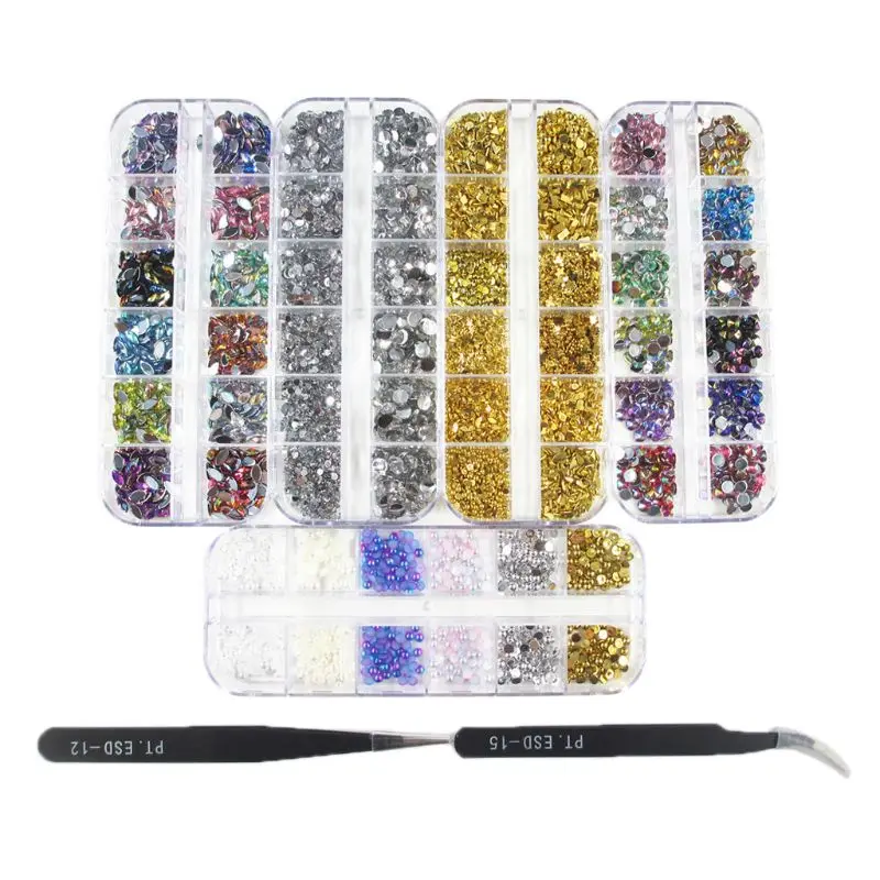 

5 Boxes Nail Rhinestones Kit Nail Rhinestones with 1 Piece 1 Pick up Tweezers X7YB