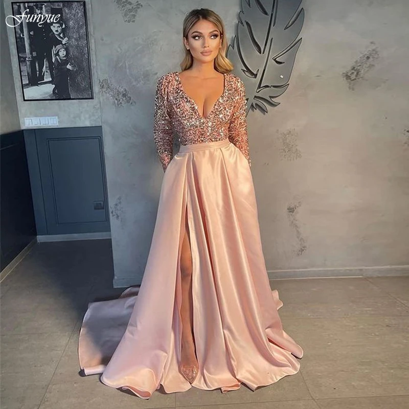 Vestidos De Fiesta De con lentejuelas brillantes, Vestido De Fiesta De noche De manga larga con corte en Simple, 2023|Vestidos de graduación| - AliExpress