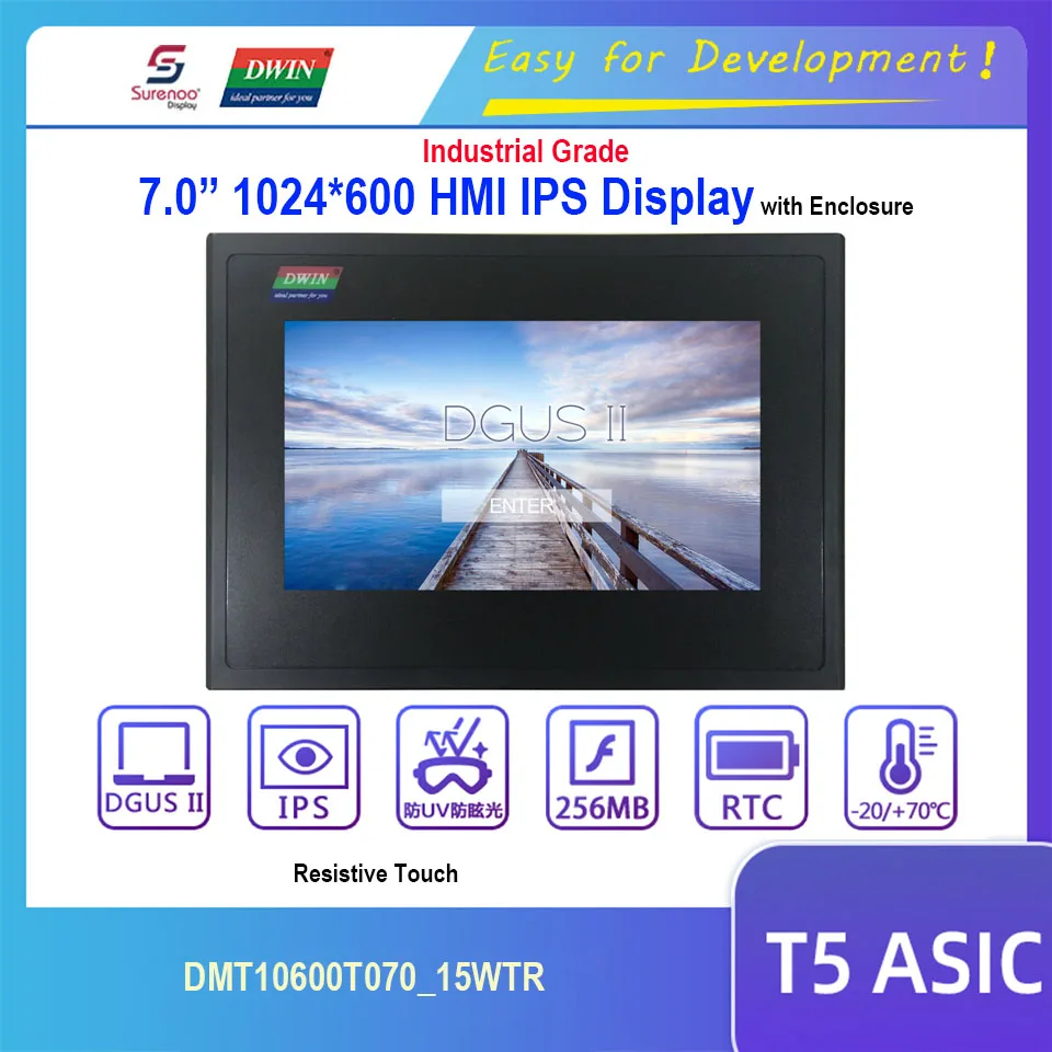 

Dwin T5 HMI Display, 7.0" 1024X600 DMT10600T070_15WTR RS232 RS485 IPS LCD Module Screen with Resistive Touch Panel & Enclosure