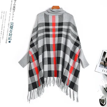 

Autumn Sweater Women's 2020 Item Plaid Turtleneck Sweater Pullover Long Sleeve Cape Knitted Sweater Women Coat New Listing A942