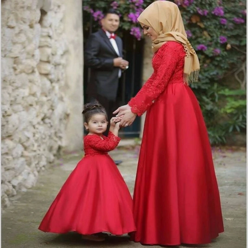 Vestidos de Noche rojos para e hija, largos para fiesta, manga larga, línea Apliques de encaje de satén, vestido Formal musulmán 2020|Vestidos floreados de niña| - AliExpress