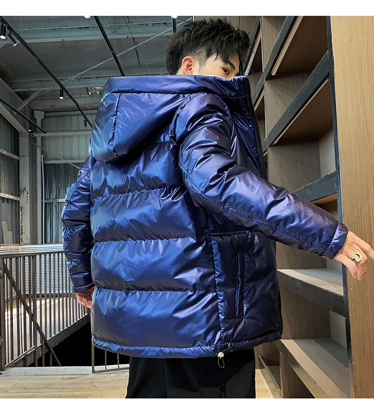 Liketkit, зимнее пальто в стиле хип-хоп, новинка, однотонная Яркая кожаная Толстая куртка с капюшоном, Мужская Уличная уличная одежда большого размера