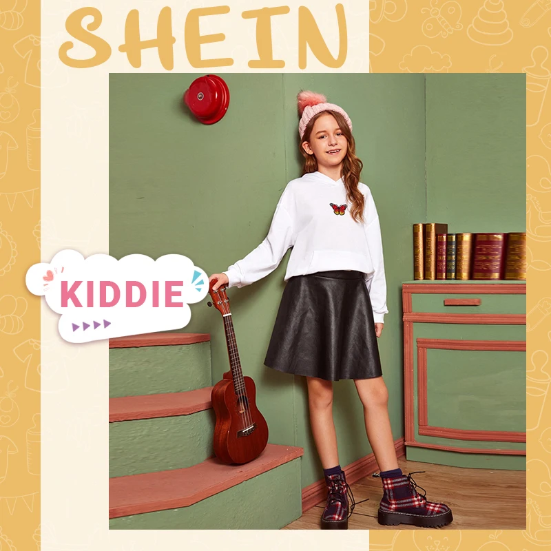 SHEIN Kiddie/черная однотонная Повседневная мини-юбка из искусственной кожи, детские короткие юбки трапециевидной формы со средней талией, осень-весна