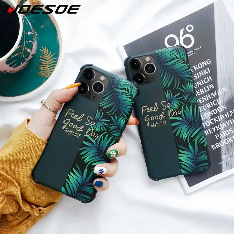 

MOESOE Anti-knock Splicing Phone Case For iPhone 11 Pro Max XR XS Max 6 6S 7 8 Plus X Soft IMD Leaf Letters Flower Back Cover