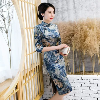 

Plus Size 3XL 4XL For Women Blue Velour Mandarin Collar Qipao Chinese Traditional Vintage Button Cheongsam Sexy Split Vestidos