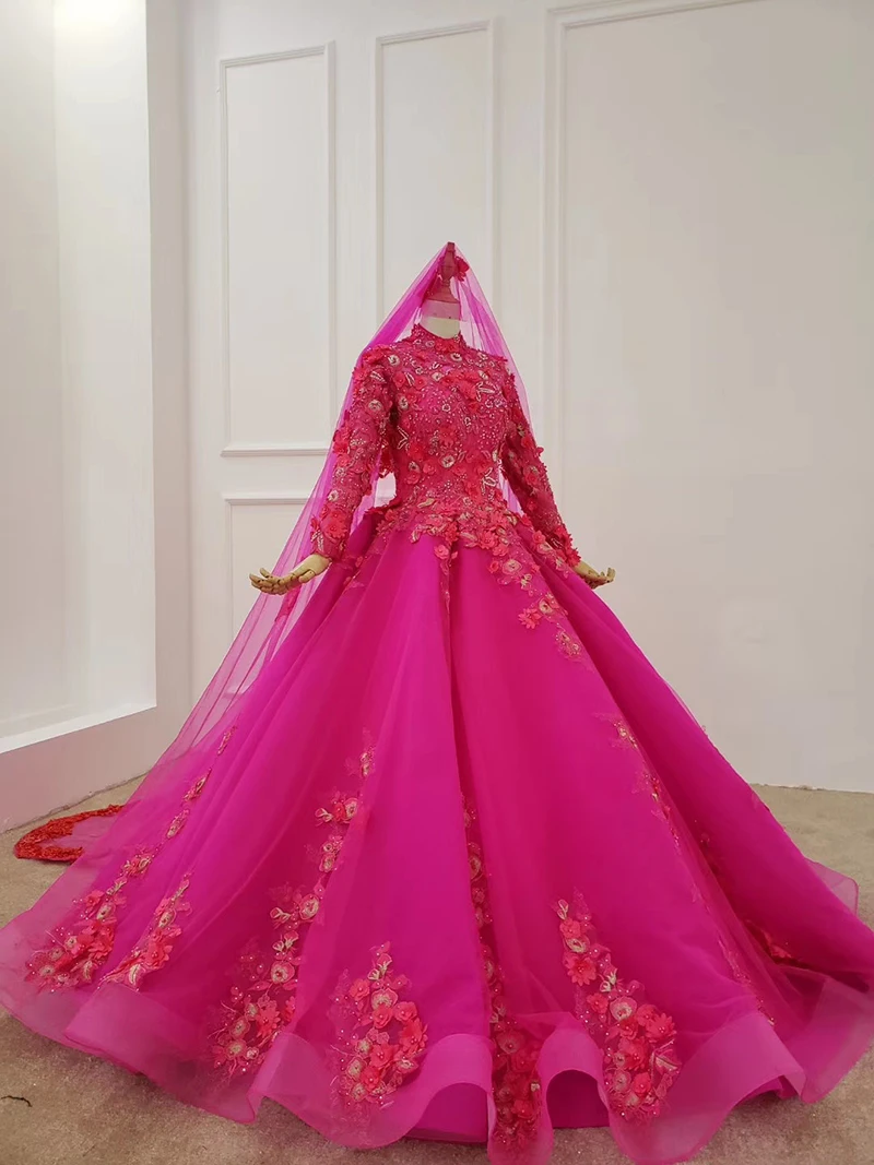 BGW Purple Wedding Dress Muslim Long Sleeve High Neck Color Bridal With Veil Rose Red Vestido De Novia Vintage | Свадьбы и торжества