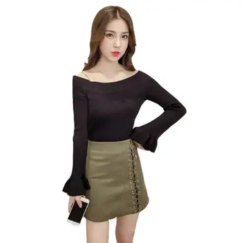 

Autumn Slim Solid Color Flare Sleeve Sweater Korean Style Off The Shoulder Long-sleeved Knit Pullover New