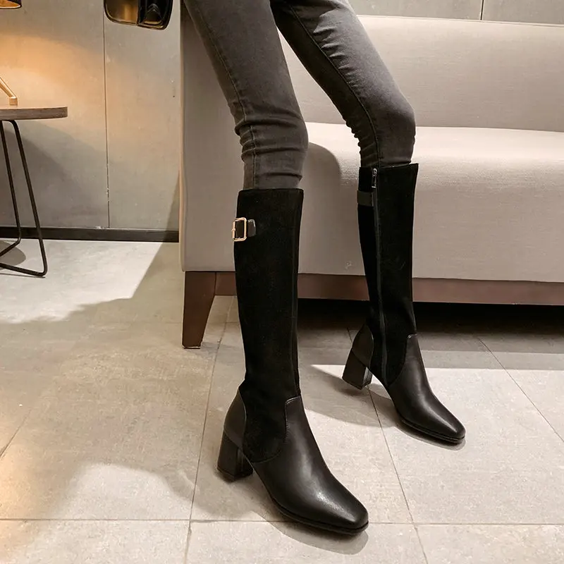 ESVEVA Shoes Women Knee-high Boots Square Med Heel PU+Leather Boots Fashion Platform Round Toe Motorcycle Boots Size 34-39