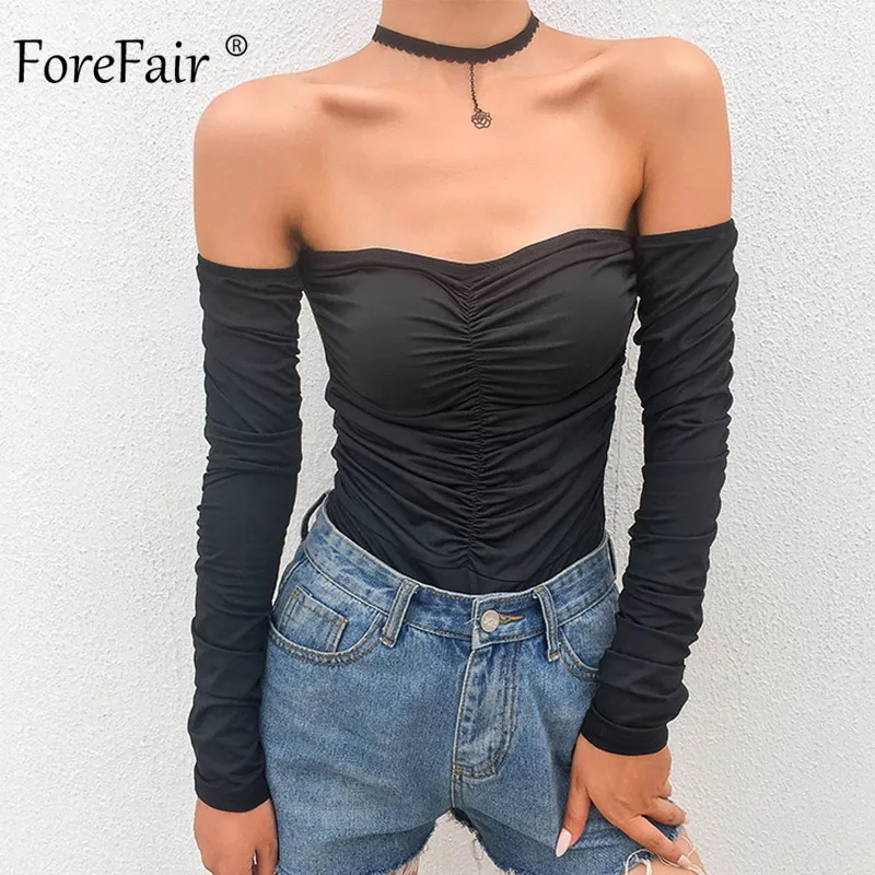 Forefair, сексуальный боди, черный, с открытыми плечами, с длинным рукавом, с открытой спиной, Одноцветный, обтягивающий, с вырезом лодочкой, для клуба, осень, боди для женщин