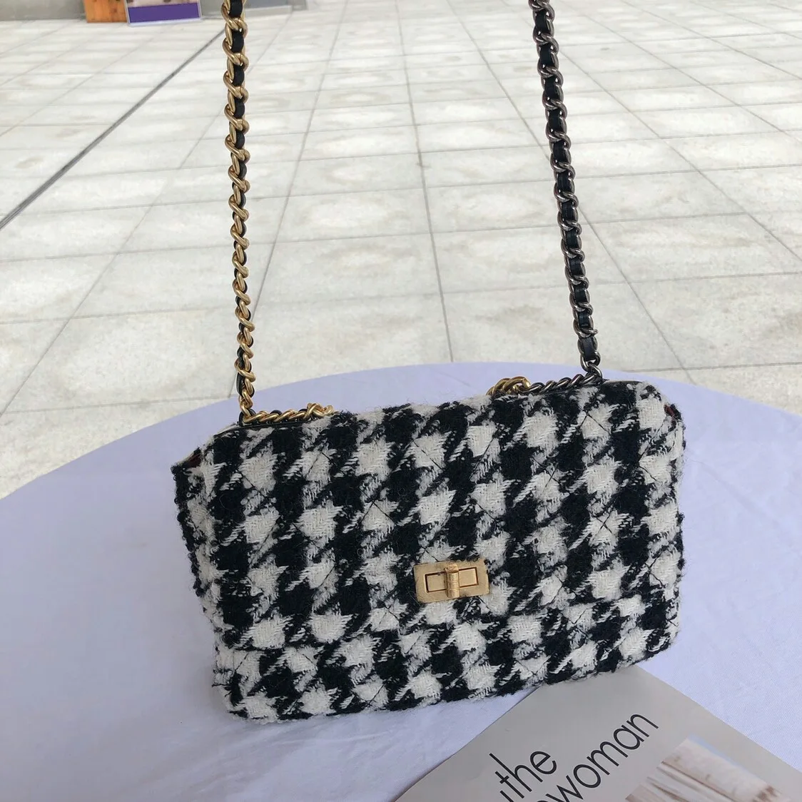 Новинка, зимняя клетчатая ретро женская квадратная сумка, качественная шерстяная женская дизайнерская сумка, женская сумка на цепочке, сумка через плечо