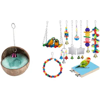 

1 Set Bird Nest Hanging Natural Coconut Shell Birds House Hut & 10 Pcs Bird Chewing Toys Parrot Hammock Bell Toys