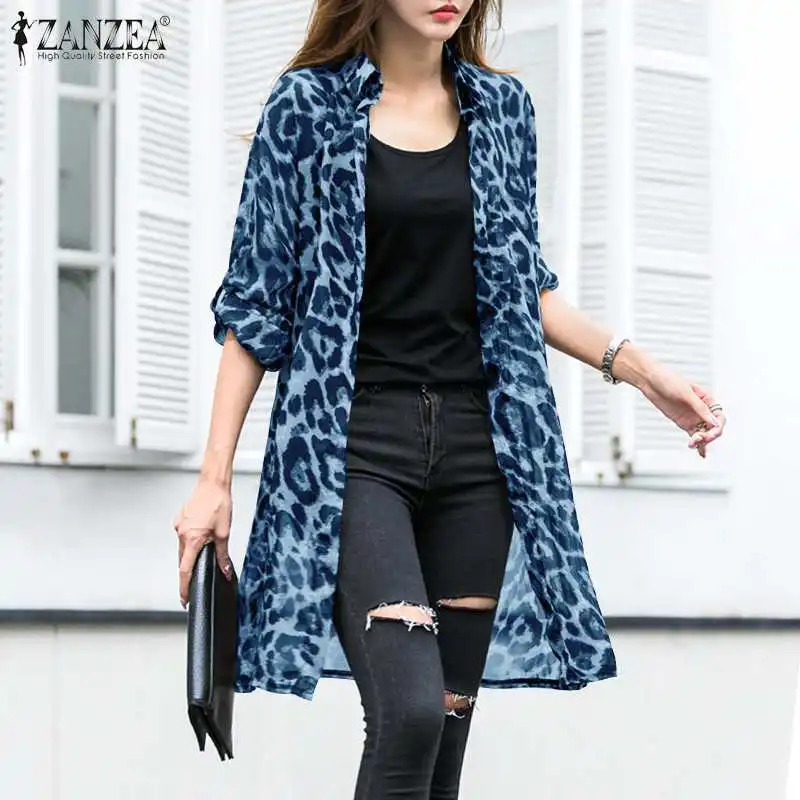  Women's Printed Blouses ZANZEA 2023 Fashion Summer Leopard Cardigans Long Kimono Cape Female Lapel Tunic Chemise Top