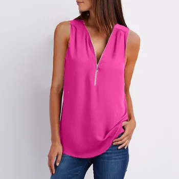 

Chiffon women top shirt plus plus size women's 3xl 4xl 5xl vest loose zip V-neck sleeveless ladies tops and blouses