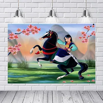 

Hua Mulan Background Photography Girl with Long Silver Sword Black Steed Backdrop for Baby Girl Birthday Party Cake Table Decor