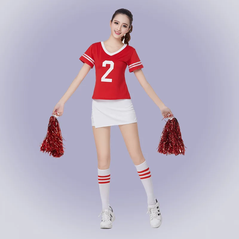 Новые костюмы для чирлидинга для девочек, спортивный игровой костюм с коротким рукавом, 6 цветов, женская школьная форма, комплект из топа и юбки, одежда для подростков - Цвет: Red Style3