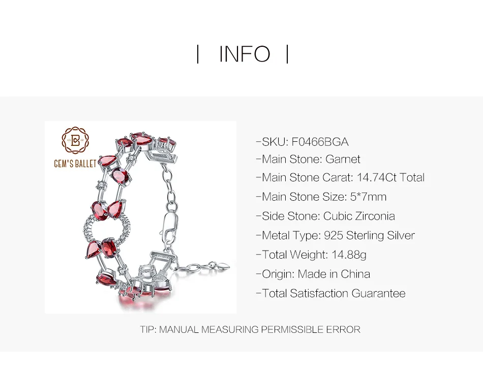 GEM'S BALLET, 14.74Ct, натуральный красный гранат, драгоценный камень, звено, браслет, серебро 925 пробы, браслеты и браслеты для женщин, свадебные украшения