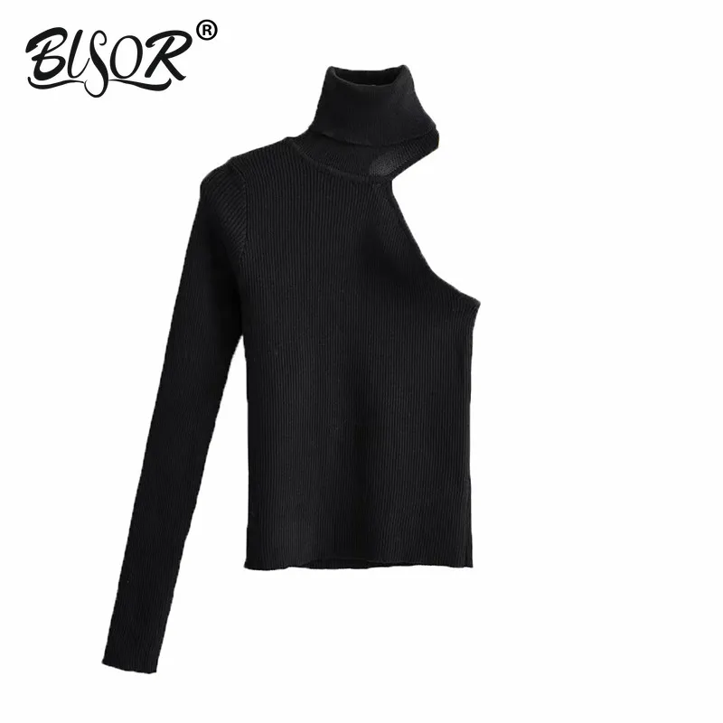 2019 Sexy Asymmetic High Collar Knitted black Sweater Women One Shoulder Long Sleeve Stretchy Slim Pullovers Chic Tops