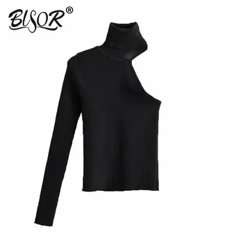 

2019 Sexy Asymmetic High Collar Knitted black Sweater Women One Shoulder Long Sleeve Stretchy Slim Pullovers Chic Tops