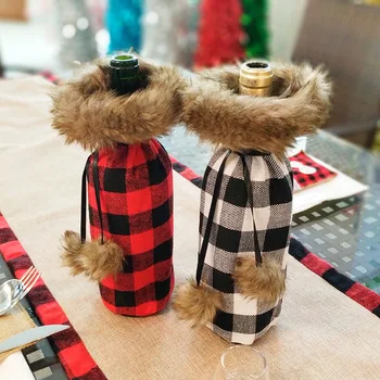 

Christmas Wine bottle cover Set Plaid Pattern Fur Ball Decoration Home Party Dinner Bottle Accessory Xmas festival atmosphere