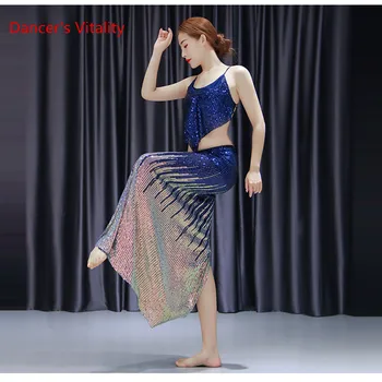 

Sexy Design Oriental Dance Suit 2 Piece Women Belly Dance Performance Show Clothing Shimmer Sequins Gold Long Skirt