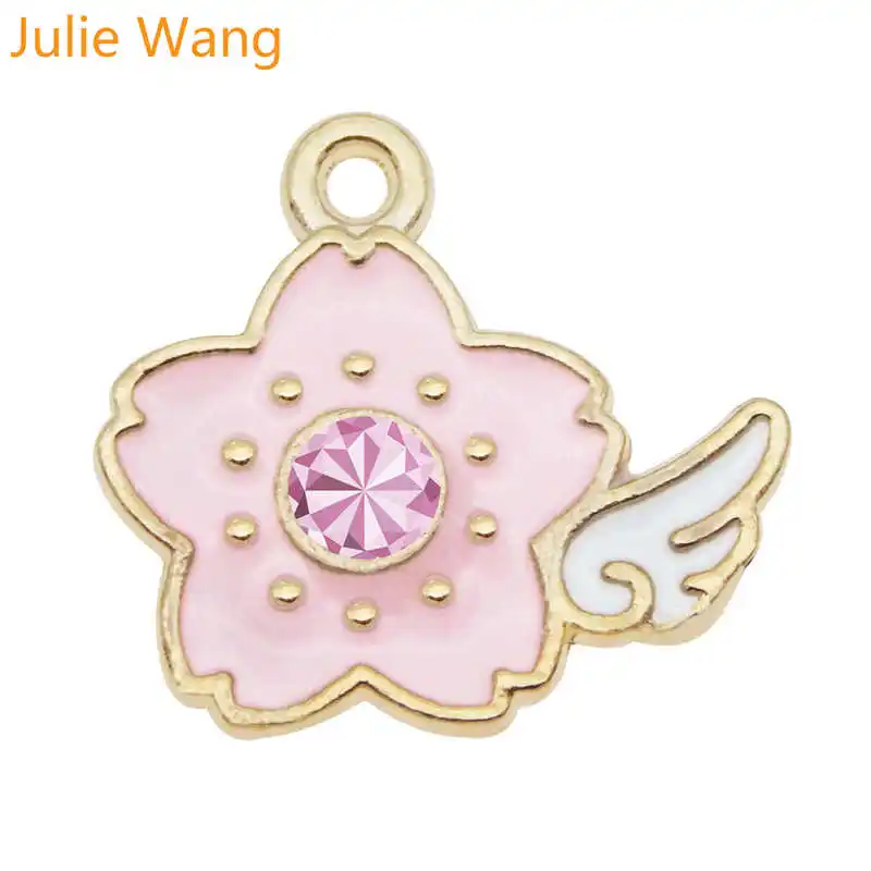 Julie Wang 10 шт. эмалевые розовые цветы крыло шармы с Стразы золотое искусственное