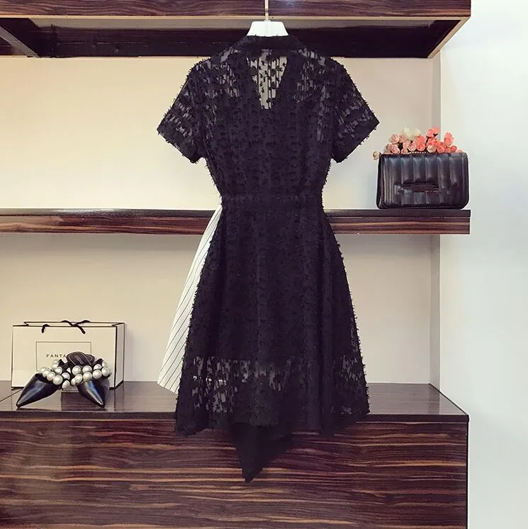 Korea Women Casual Lace Striped Patchwork Dress 2020 Summer 3D Tassel Appliques V-neck Short Sleeve Sashes irregular Dress