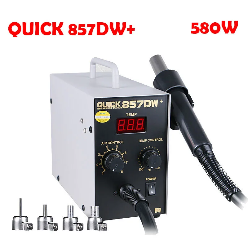 Soldering Station Rework Iron Quick 857DW+ Hot Air Gun With Helical Wind 580W Digital Display Electric SMD BGA Rework Station
